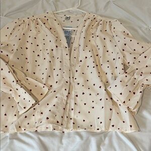 Cream Blouse with Red Heart Pattern